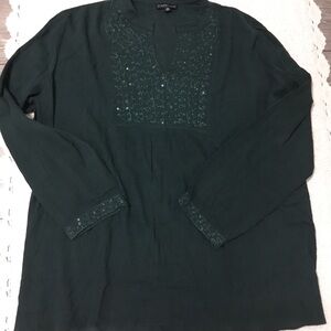 Greater Good 3 X Deep Forest Green 100% Cotton V Neck Long Sleeve Top Beadwork